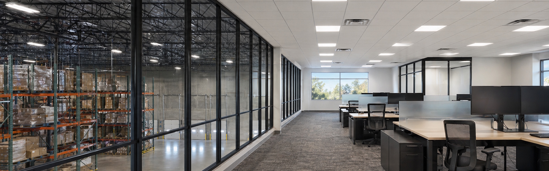 Mezzanine office interior with recessed LED flat panel fixtures in the drop ceiling, overlooking the warehouse floor below.