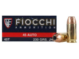 Fiocchi Defense Dynamics Brass .45 ACP 230-Grain 50-Rounds Jacketed Hollow Point - 45T500, Fiocchi Defense 45 ACP ammo box, 230 grain JHP .45 cartridges, brass case handgun ammo close up, 1911 defensive ammo, Fiocchi hollow point rounds, 50 round ammo box