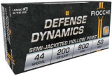 Fiocchi Defense Dynamics .44 Special 200 Grain SJHP Brass Pistol Ammunition - 44SA500, Fiocchi Defense 44 Special ammo box, 200 grain SJHP .44 cartridges, brass case revolver ammo close up, Fiocchi hollow point rounds, .44 Special defensive ammo, premium handgun ammo box