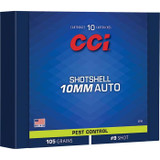 CCI Shotshell 10mm Auto Ammo 105 Grain Box of 10 - 3710, CCI 10mm Auto Shotshell ammunition loaded with 105 grains of #9 shot. Designed for close-range pest control and field use. 10 rounds per box. UPC: 604544695779.