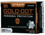 Speer Ammo Gold Dot Personal Protection 9mm Luger 124 gr Hollow Point (HP) 20 Bx - 2361GD, Speer Gold Dot Personal Protection 9mm ammunition loaded with a 124-grain Hollow Point bullet. Trusted law enforcement performance, reliable expansion, and proven defensive capability. 20 rounds per box. UPC: 604544647235.
