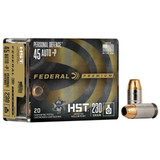 Federal Premium Personal Defense HST .45 ACP +P ammunition loaded with a 230-grain HST® Jacketed Hollow Point. Designed for reliable expansion, optimum penetration, and trusted defensive performance. 20 rounds per box. UPC: 604544657449