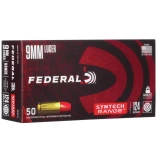 Federal American Eagle Syntech 9mm Luger ammunition features a 124-grain Total Synthetic Jacket (TSJ) Round Nose bullet that reduces metal fouling, minimizes splash-back, and provides cleaner shooting. Ideal for target practice, training, and indoor ranges. 50 rounds per box. UPC: 604544625769.