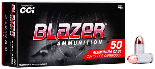 CCI Ammunition Blazer .45 ACP 230 Grain Full Metal Jacket Centerfire Pistol Ammo 50 Rounds - 3570, CCI Blazer .45 ACP 230-grain Full Metal Jacket ammunition delivers dependable ignition, smooth feeding, and consistent accuracy for range training and target practice. Designed for reliable cycling in semi-automatic pistols, this load provides manageable recoil and predictable ballistic performance. Ideal for high-volume shooting sessions and routine training with .45 ACP firearms.