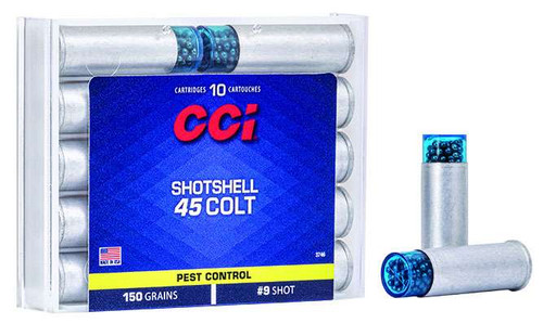CCI Ammunition 45 Colt (LC) Shotshell #9 Shot 10 Bx - 3746, CCI 45 Colt shotshell ammo box, .45 LC snake shot cartridges, #9 shot revolver ammunition close up, pest control handgun ammo, specialty revolver shotshell detail, CCI utility ammo