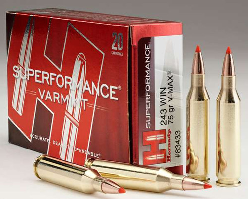 Hornady Superformance Varmint 243 Winchester Ammo 75 Grain Hornady V-Max Polymer Tip - 83433, Hornady Superformance Varmint .243 Winchester 75-grain V-Max polymer tip ammunition is engineered for high velocity, flat trajectory, and precision varmint performance. Designed to deliver rapid expansion and consistent accuracy, this load is ideal for predator and varmint hunting applications. Superformance technology enhances velocity while maintaining dependable performance for .243 Winchester rifles