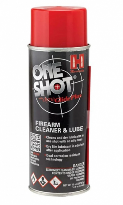 Hornady One Shot Gun Cleaner Dyna Glide Plus 10 oz Aerosol - 99901, Hornady One Shot Gun Cleaner with Dyna Glide Plus is a 10-ounce aerosol designed to clean, lubricate, and protect firearms in one application. Formulated to reduce friction and fouling buildup, it helps maintain smooth firearm operation and dependable performance. Ideal for rifles, shotguns, and handguns, this cleaner supports routine firearm maintenance and long-term protection.