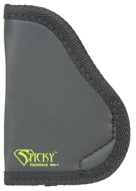 The Sticky Holster MD-1 is designed for small to medium semi-automatic pistols up to 3.5 inches in barrel length, including many compact 9mm handguns. This ambidextrous holster features a non-slip exterior that stays securely in place without clips or loops. Ideal for inside-the-waistband or pocket carry, it provides comfort, simplicity, and reliable retention for everyday concealed carry.