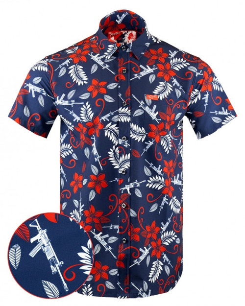 RETRO RIFLE PATRIOTIC HAWAIIAN BUTTON DOWN