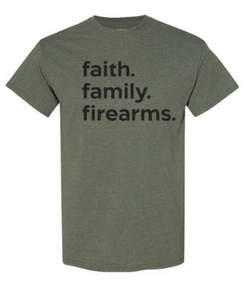 NRA FAITH FAMILY FIREARMS PREMIUM TEE OD HEATHER GREEN