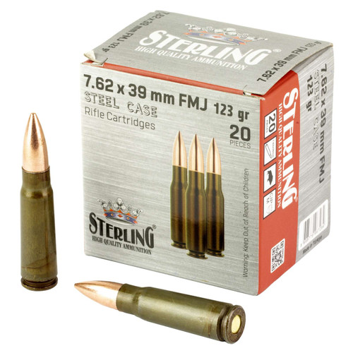 Sterling 7.62x39mm ammunition is loaded with a 123 Grain Full Metal Jacket bullet designed to provide reliable feeding, consistent accuracy, and dependable performance. Manufactured to high-quality standards, this ammunition is ideal for range training, recreational shooting, and tactical applications.