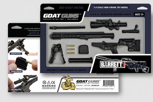 The GOAT Guns Barrett MRAD Miniature in Black is a premium 1:3 scale replica featuring functional parts and true-to-life details that make it a standout display rifle for collectors. Modeled after the iconic Barrett MRAD sniper platform, this miniature offers tactical styling and high-quality construction. Customers searching for goat guns mrad, miniature sniper rifle, barrett mrad replica, tactical mini gun models, or collectible display rifles will find this a must-have piece. Available online or in store at Sturgis Guns in Sturgis, SD.