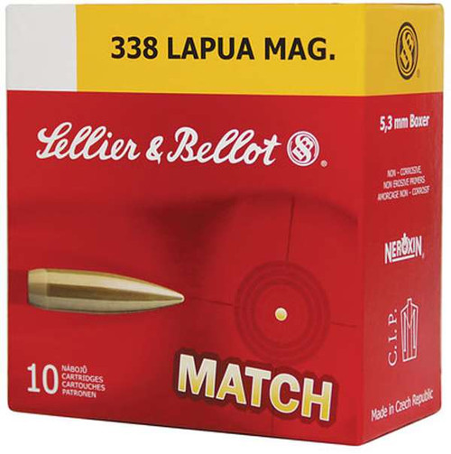 Sellier & Bellot Rifle 338 Lapua Mag 300 gr Hollow Point Boat Tail (HPBT) 10 Bx SB338LMB, Sellier & Bellot .338 Lapua Magnum ammunition loaded with 300 Grain Hollow Point Boat Tail bullets. Designed for long-range precision shooting and consistent accuracy. 10-round box. UPC: 754908512157.