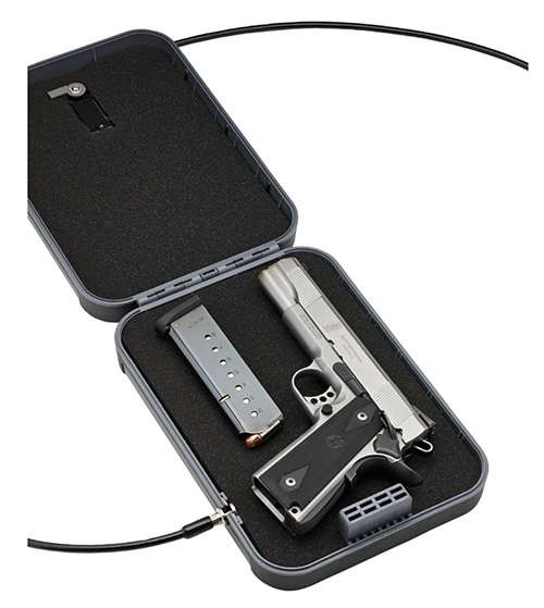 SnapSafe TrekLite Lock Box Mechanical Combination XL Black Gray Polycarbonate - 75241, SnapSafe TrekLite lock box XL, portable gun safe black gray, handgun lock box combination, SnapSafe polycarbonate safe, travel gun safe case, firearm storage lock box, SnapSafe safe close up