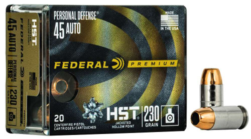 Federal Premium Personal Defense 45 ACP 230 gr HST JHP 20 Box - P45HST2S, Federal Premium Personal Defense HST .45 ACP ammunition is one of the most trusted defensive handgun loads available today. Loaded with a 230 Grain Jacketed Hollow Point bullet, the HST is engineered to provide consistent expansion, excellent weight retention, and reliable penetration in real-world defensive situations.