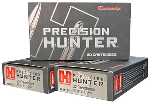 Hornady Precision Hunter 22 Creedmoor 80 gr ELD-X 20 Per Box - 83412, Hornady Precision Hunter 22 Creedmoor 80-grain ELD-X ammunition delivers match-grade accuracy, flat trajectory, and controlled expansion for hunting and long-range shooting. Designed for precision rifle performance, it provides reliable terminal effect and consistent ballistic performance for varmints, predators, and medium game hunting applications.