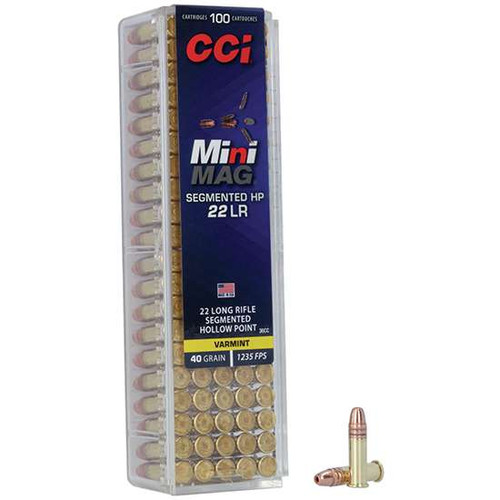 CCI Mini-Mag .22 LR 40-grain Segmented Hollow Point ammunition delivers reliable ignition, controlled fragmentation, and consistent accuracy for small game hunting and pest control. Designed for dependable rimfire performance, it provides effective terminal performance for varmints, small predators, and field use in rifles and pistols.