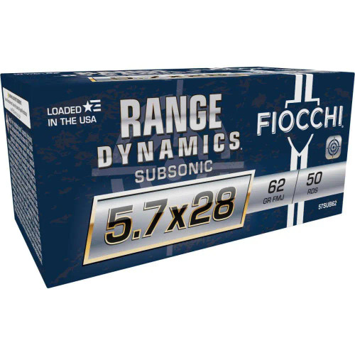 FIOCCHI RANGE DYNAMICS SUBSONIC AMO 5.7X28MM 62GR FMJ 50RD BOX, Fiocchi Range Dynamics Subsonic 5.7x28mm 62-grain FMJ ammunition delivers reduced noise signature, reliable cycling, and consistent accuracy for suppressed or standard firearms. Designed for dependable range training and target shooting, it provides clean shooting performance and consistent ballistic performance for modern sporting pistols and carbines.