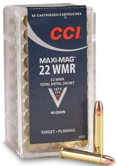 CCI Maxi Mag 22 WMR ammo, 40 grain TMJ rimfire rounds, 22 magnum cartridges close up, CCI rimfire ammo box, varmint hunting ammo 22 WMR, target shooting rimfire ammo, CCI 22 mag rounds