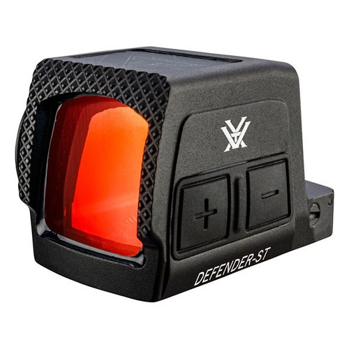 Vortex Defender-ST Enclosed Solar Micro 1x22.5mm Reflex Red Dot Sight DFST-MRD3-E, Vortex Defender ST red dot, enclosed solar micro optic, Vortex pistol red dot sight, duty handgun optic Vortex, micro reflex sight close up, Vortex Defender mounted pistol, enclosed emitter red dot