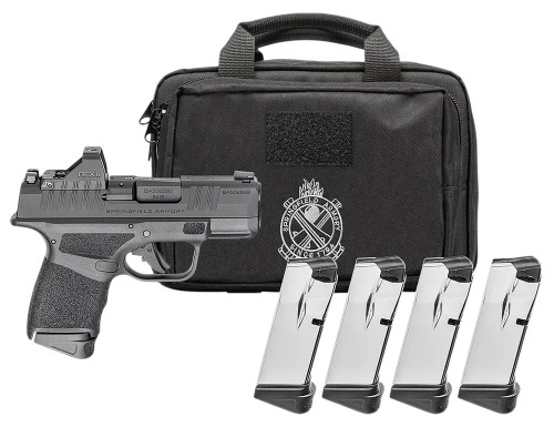 Springfield Armory Hellcat OSP Gear Pac .380 ACP 3" Barrel 11/13-Rounds w/ Viridian RFX11, 4 Mags, Springfield Armory Hellcat OSP Gear Up Package .380 ACP pistol features a 3-inch barrel and optics-ready slide with included Viridian RFX11 red dot sight. Designed for concealed carry and defensive use, the Hellcat offers compact size with extended capacity options. This Gear Up package includes four magazines with 11 and 13 round capacity for added versatility.
