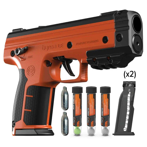 Byrna Technologies LE Kinetic Kit Orange .68 Caliber 5-Rounds, Byrna LE Kinetic Kit .68 caliber launcher provides a non-lethal personal defense option designed for home protection and personal safety. The kit includes the launcher and five kinetic projectiles for reliable defensive capability. Compact and easy to operate, it offers a practical alternative for individuals seeking a less-lethal defensive tool for everyday protection.