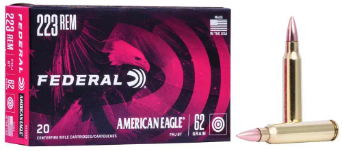 Federal American Eagle .223Rem 62GR FMJ 20Rds - AE223N, Federal American Eagle .223 Remington 62 grain FMJ ammunition is designed for dependable performance in AR-15 rifles and other .223 Rem firearms. Featuring brass cases and full metal jacket projectiles, this load is ideal for range training, target shooting, and general use. Known for consistent ignition and reliable function, American Eagle ammunition provides dependable results for shooters.