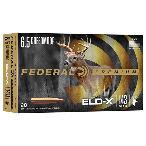 Federal Premium 6.5 Creedmoor 143 grain ELD-X polymer tip ammunition is designed for precision hunting and long-range performance. The ELD-X bullet delivers controlled expansion and consistent accuracy, making it ideal for medium to large game hunting. Known for quality and reliability, Federal Premium ammunition provides dependable performance for 6.5 Creedmoor rifles.