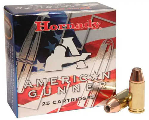 Hornady American Gunner 9mm 124-Grain 25-Rounds XTP Hollow Point Ammo - 90224, Hornady American Gunner 9mm ammo, 124 grain XTP hollow point, Hornady 9mm box 25 rounds, defensive handgun ammo 9mm, Hornady XTP bullet close up, 9mm carry ammo Hornady, hollow point 9mm cartridges