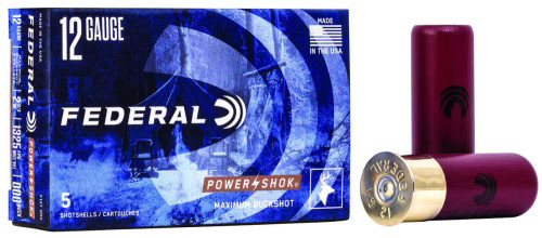 Federal Power-Shok Buckshot 12 GA 2.75-inch #000 Buckshot 8 Pellets 5Rds - F127000, Federal Power Shok 000 buckshot box, 12 gauge 000 buck shells, 8 pellet buckshot close up, Federal shotgun ammo 5 rounds, 2.75 inch shotgun shells, home defense buckshot ammo, Federal 12 gauge shells