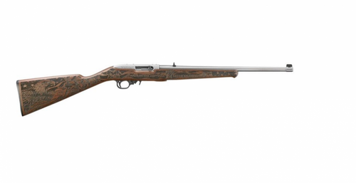 Ruger 10/22 250th Anniversary Stainless / Walnut .22 LR 18.5" Barrel 10-Rounds - 32038, Ruger 10/22 stainless walnut rifle, Ruger 1022 anniversary edition, Ruger 22LR semi auto rifle, Ruger wood stock rifle, Ruger 10/22 close up, Ruger rimfire rifle
