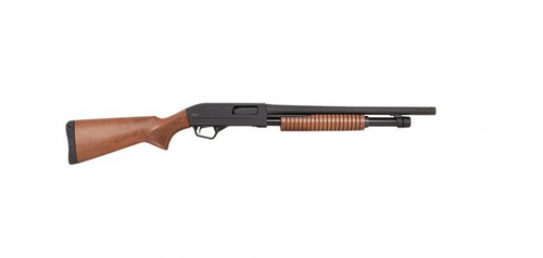 Winchester SXP Trench Pump 12 Gauge Shotgun 18" Black Barrel Walnut Field Stock, Winchester SXP trench shotgun, SXP 12 gauge pump 18 inch barrel, trench style shotgun walnut stock, Winchester pump shotgun side view, tactical wood stock shotgun, 12ga pump