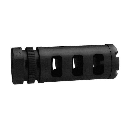 GROVTEC G-BRAKE MUZZLE BRAKE 5.56/.223 1/2X28, GrovTec G Brake muzzle brake, 5.56 223 muzzle device, AR15 brake 1/2x28 close up, rifle muzzle brake detail, GrovTec accessory side view, threaded brake