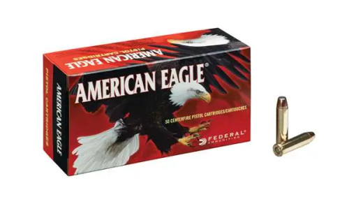 Federal American Eagle Brass .357 Mag 158-Grain 50-Rounds JSP - AE357A, Federal American Eagle 357 Magnum ammo box, 158 grain JSP 357 rounds, Federal revolver ammo brass case, .357 Mag cartridges close up, handgun ammo box detail, 50 round ammo pack