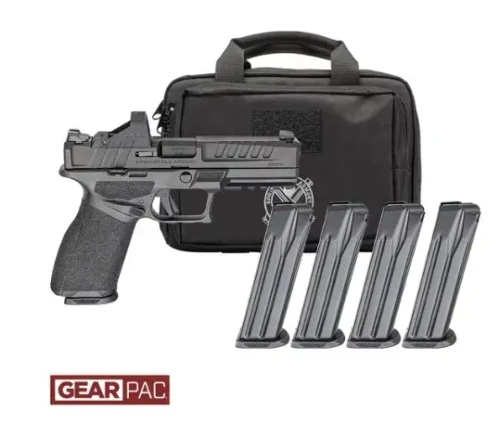 Springfield Armory Echelon Gear Pac 9mm 4.5" Barrel 17/20-Rounds w/ Viridian RFX11, 4 Mags, Springfield Armory Echelon Gear Up Package featuring a 4.5-inch barrel, Viridian RFX11 green dot optic, four magazines, and 17/20-round capacity. UPC: 706397999728.