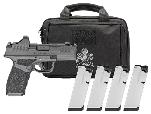 Springfield Hellcat Pro Comp OSP Gear Pac 9mm 3.8" Barrel 17-Rnds w/ Viridian RFX11 4 Mags, Springfield Armory Hellcat Pro Comp OSP Gear Up Package featuring an integral compensator, Viridian RFX11 green dot optic, four magazines, and 17+1 capacity. UPC: 706397999698.