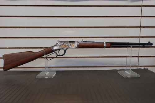 Henry H004SAT Golden Boy 2nd Amendment Tribute 22 LR 16 LR/21 Short 20" Nickel Plated American Walnut Right Hand, Buy the Henry Golden Boy 2nd Amendment Tribute Edition .22 LR lever action rifle with nickel-plated receiver, American walnut stock, and engraved patriotic artwork. UPC: 619835016386.