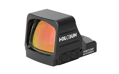 Holosun 507 Gold Competition Reticle Large Open Lens Shake Awake 7075 Aluminum Miniature Pistol Reflex Sight HS507COMP-GD, Holosun HE507COMP Competition Reflex Sight featuring a Gold Competition Reticle System, large viewing window, Shake Awake technology, and rugged 7075-T6 aluminum construction. UPC: 810047074519.