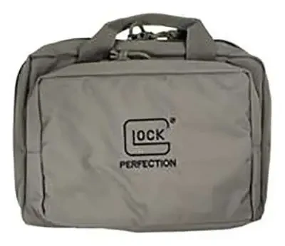 Glock OEM Double Pistol Case, Gray, Dual Padded Compartments - AP60301, Glock OEM Double Pistol Case in Gray. Features dual padded handgun compartments, five magazine holders, three zippered storage pockets, and a reinforced carry handle. UPC: 764503029042.