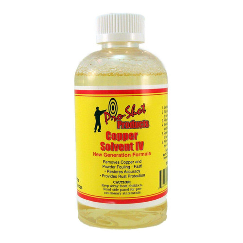 Pro-Shot Copper Solvent IV 8 oz bore cleaner. Non-ammonia formula removes copper, powder, and primer fouling while protecting against rust and corrosion. Made in the USA. UPC: 709779800292.