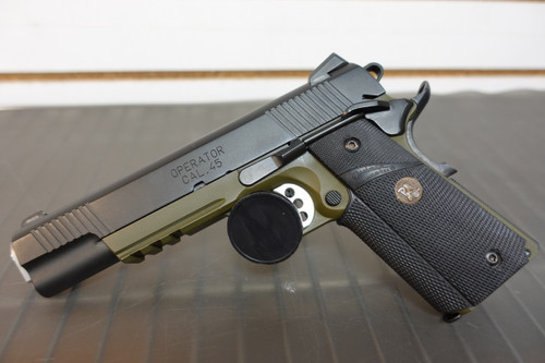 Springfield 1911 Marine Corps Operator 45 ACP 7+1, 5" Match Grade Barrel - PX9105MLCA18, Springfield Armory 1911 Marine Corps Operator chambered in .45 ACP. Features a 5-inch match-grade barrel, forged frame, accessory rail, G10 grips, night sights, and 7+1 capacity. UPC: 706397919597.