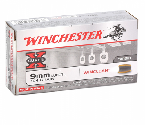Winchester Super-X WinClean 9mm Luger ammunition features a 124-grain Brass Enclosed Base (BEB) bullet and lead-free primer technology for cleaner shooting and reduced airborne lead exposure. Ideal for indoor ranges and training. 50 rounds per box. UPC: 020892212992.