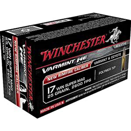 Winchester Varmint High Energy 17 Winchester Super Magnum Ammo 25 Grain Polymer Tip - S17W25, Winchester Varmint High Energy .17 Winchester Super Magnum ammunition loaded with a 25-grain polymer tip bullet in a 50-round box.