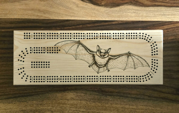 Bat laser engraved, pine wood 3 track Cribbage board.