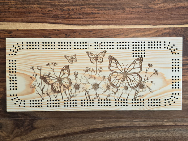 Butterflies & Flowers laser engraved, pine wood 3 track Cribbage board.
