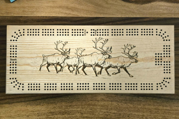 Caribou laser engraved, pine wood 3 track Cribbage board