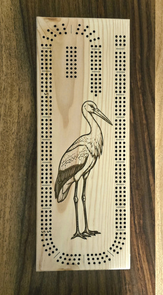 Egret laser engraved, pine wood 3 track Cribbage board.