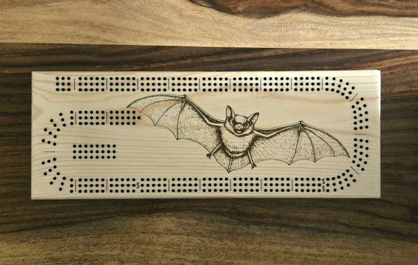 Bat laser engraved, pine wood 3 track Cribbage board.