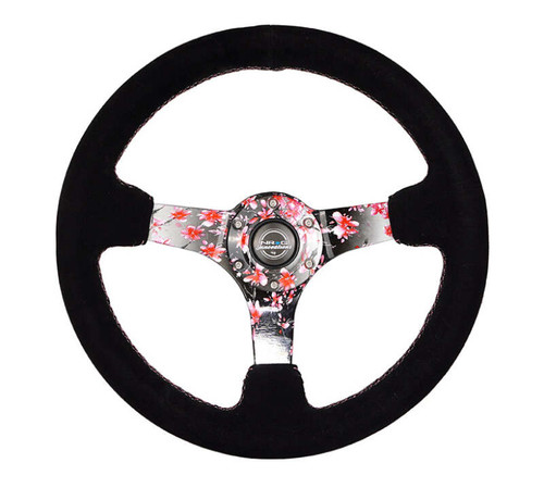 NRG Reinforced Steering Wheel (350mm) 3in Deep Pink Sakura Floral Solid Spoke - Black Suede/Stitch - RST-036SAK-S Photo - Primary