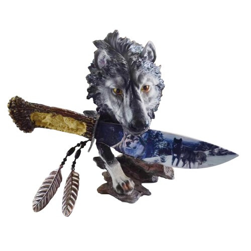 Decorated Wolf Knife with Stand